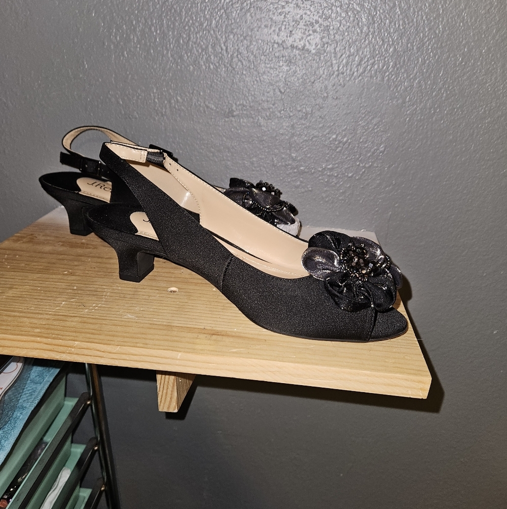J.Renee Black Slingback Heels with Floral Detail